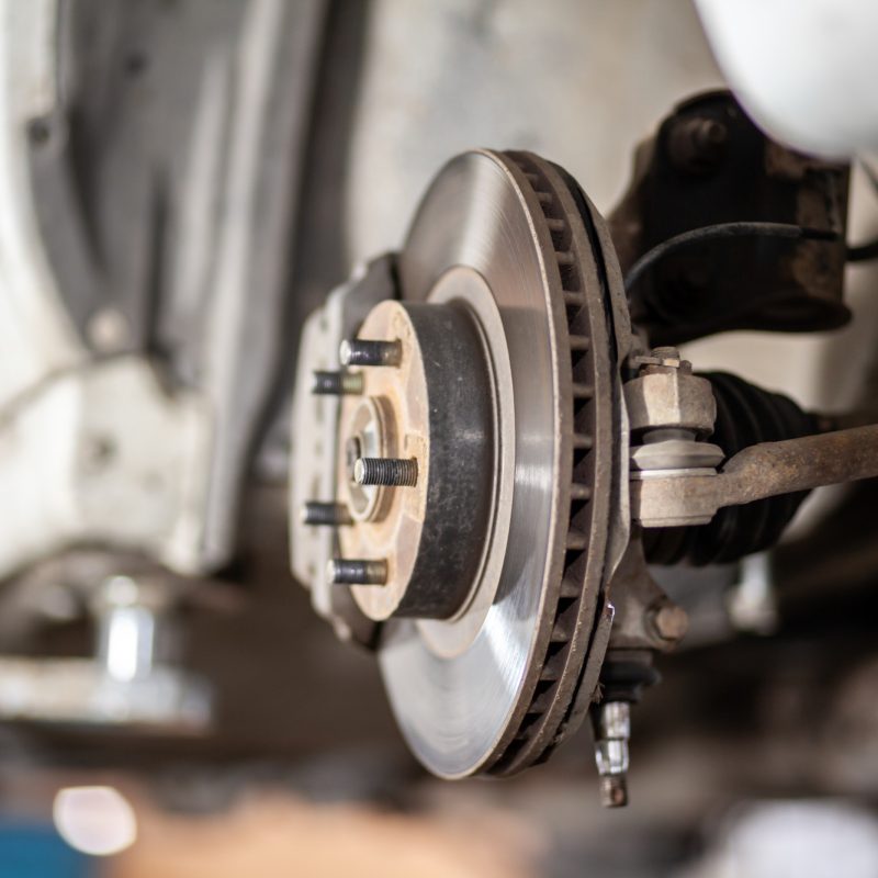 Disc brake of the vehicle for repair, in process of tire replacement