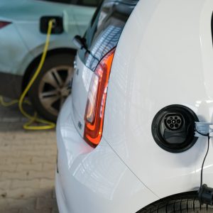 Electric cars charging at the charging station. Zero emission cars